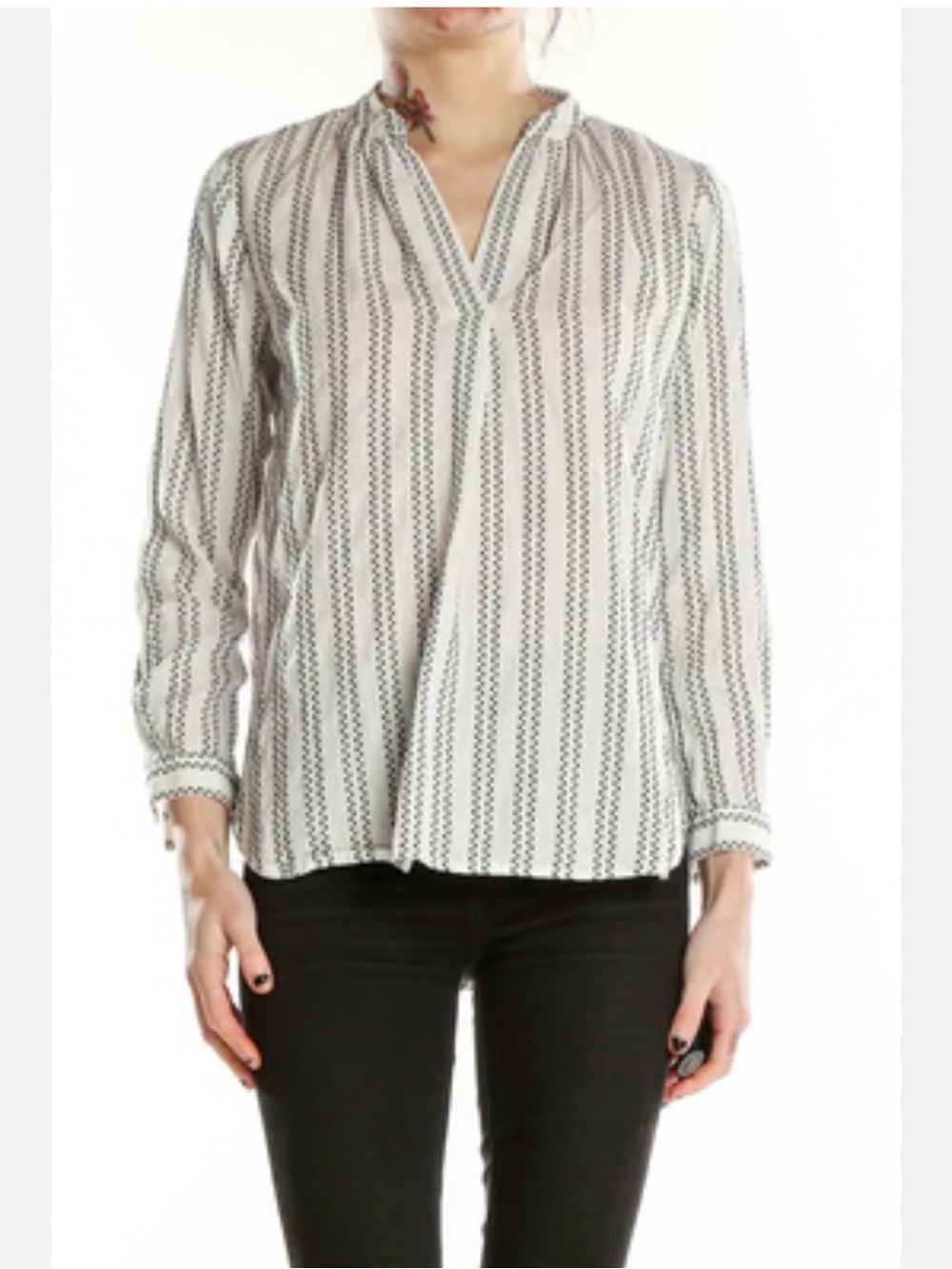 LOFT White V-Neck Black Striped Long Sleeve Blouse